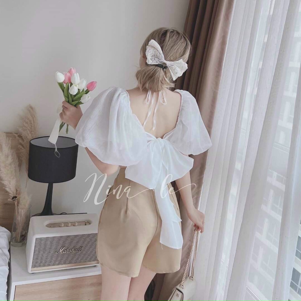 Sét bộ nữ thời trang mặc đi chơi chất cotton lạnh áo cổ yếm xẻ vai tay phồng ngắn mix quần đùi bánh bèo
