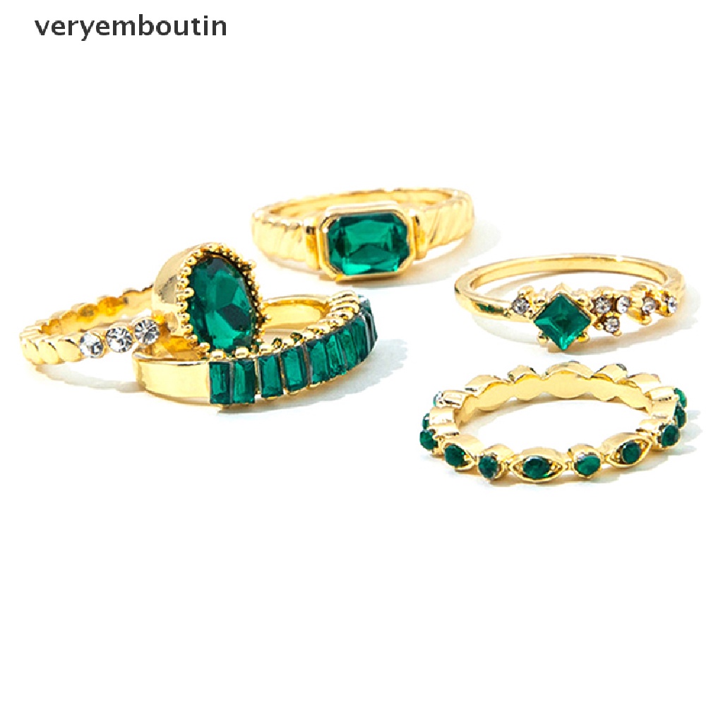 Set 5 Nhẫn Đính Đá Pha Lê Xanh Phong Cách Vintage Thời Trang Cho Nữ