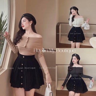 Áo len tăm trễ vai đính cúc bọc dài tay kèm ảnh thật