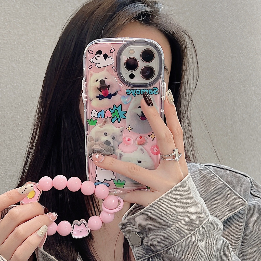 Ốp Điện Thoại Silicon Tpu Mềm Trong Suốt Có Vòng Tay &amp; Ngọc Trai In Hình Chó Dễ Thương Cho iPhone 14 13 12 11 Pro Max