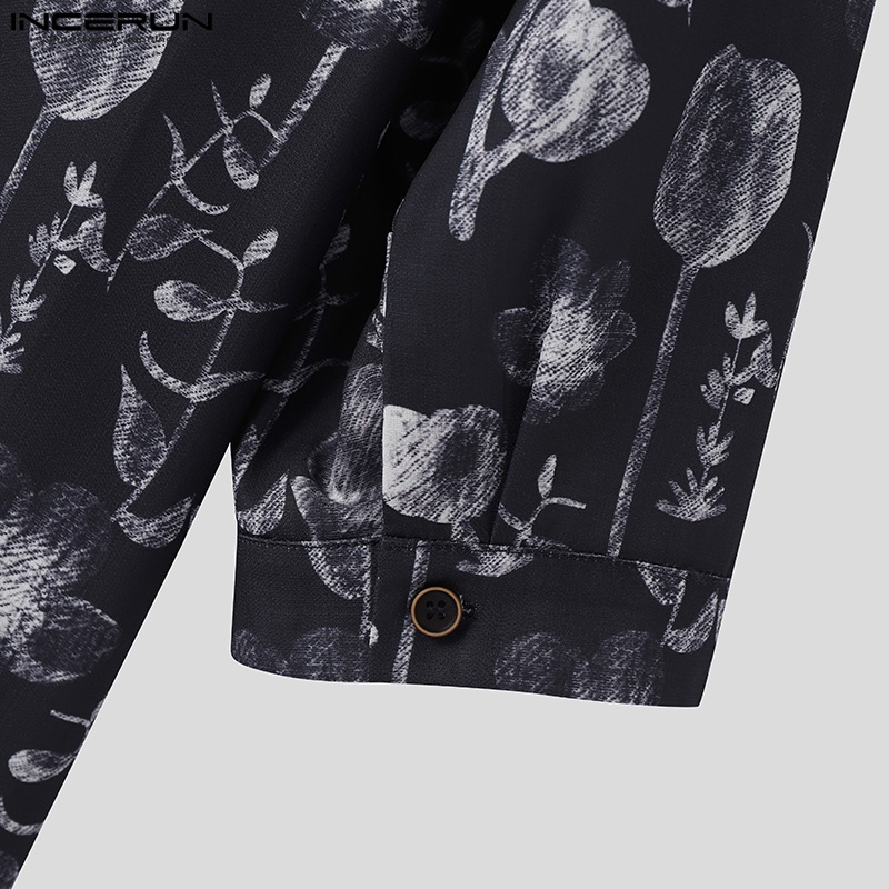 INCERUN Áo Sơ Mi cotton Lanh Dài Tay Dáng Rộng In Họa Tiết Cá Tính Cho Nam