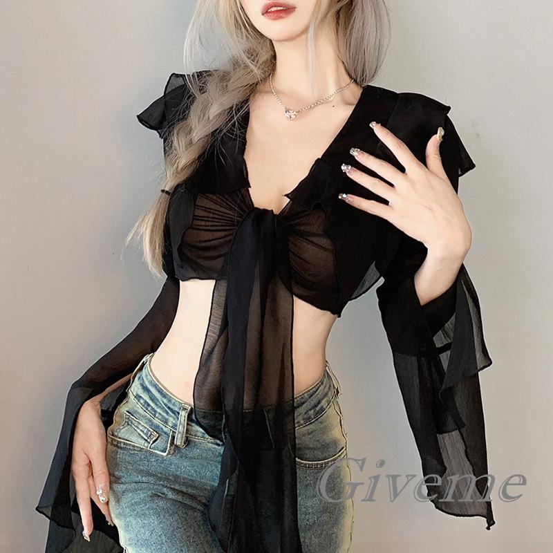 Áo Crop Top Lưới Tay Dài Màu Trơn Nhìn Xuyên Thấu Trang Trí Mùa Xuân Cho Nữ