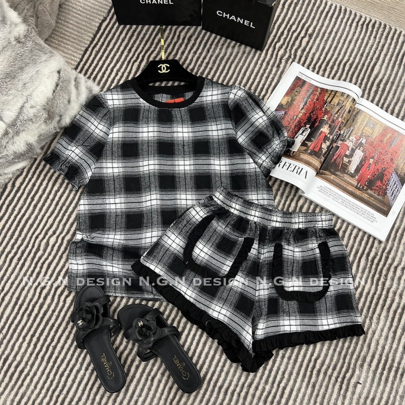 Sét kẻ caro đen trắng viền bèo