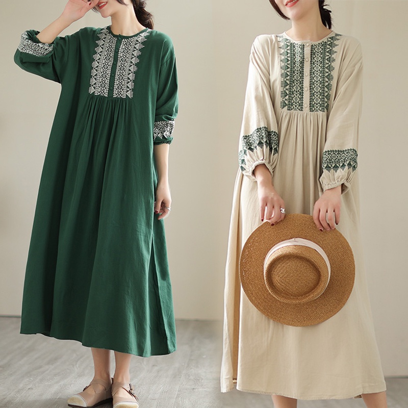 ☻ Phụ Kiện Chuyên Dụng Dành Cho Xe Hơi ☻ Plus Đầm Maxi Tay Dài Phồng Thêu Họa Tiết Phong Cách Cổ Điển CAL1928