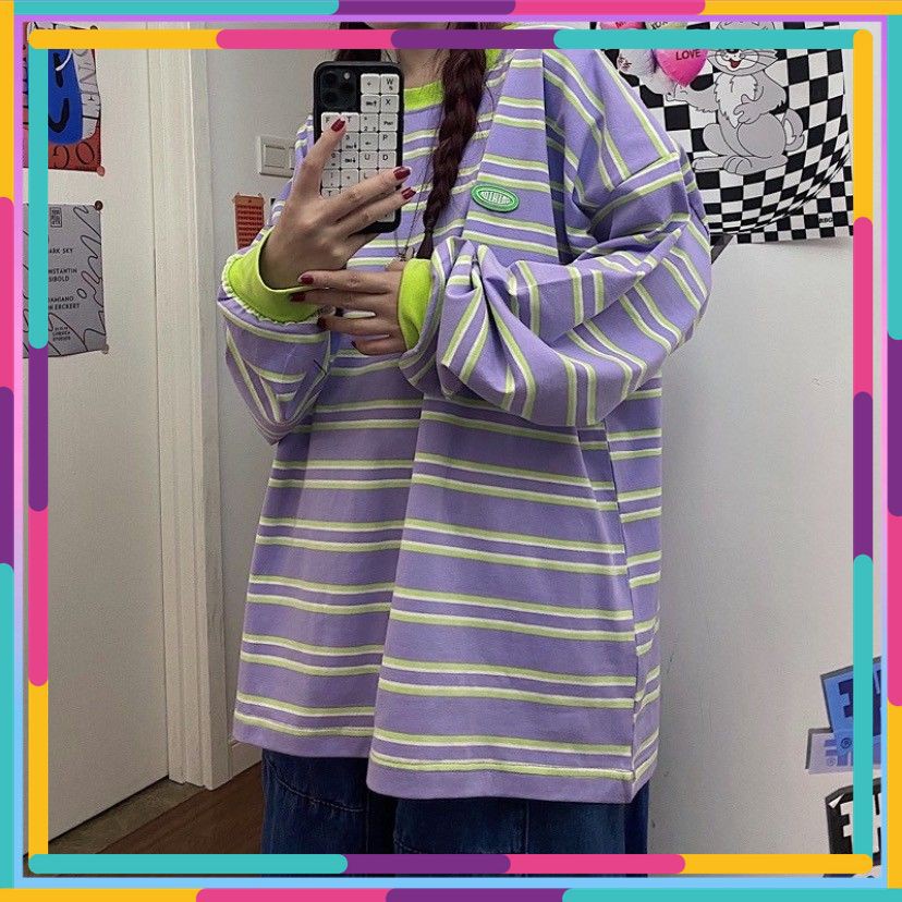 ÁO SWEATER FORM RỘNG SỌC NGANG TÍM VÀ XANH LÁ SIÊU XINH - ORDER 10 NGÀY - Có ảnh thật