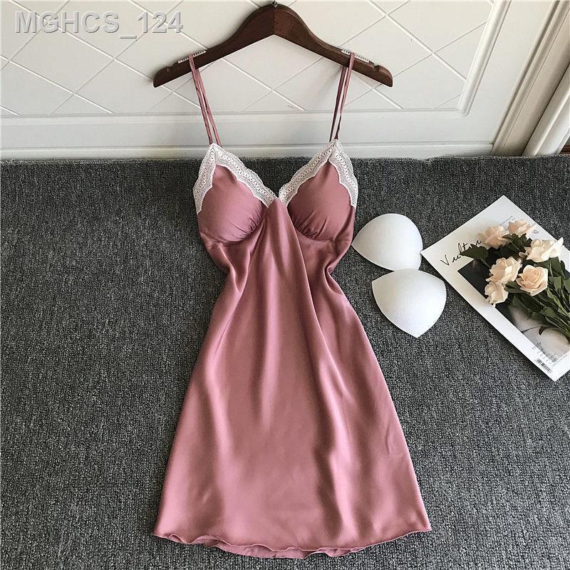 Bộ đồ ngủ gợi cảm nữ Hạ Băng lụa treo ngực đệm tập hợp ngực nhỏ đồng màu váy ngắn ren mỏng phần phục vụ