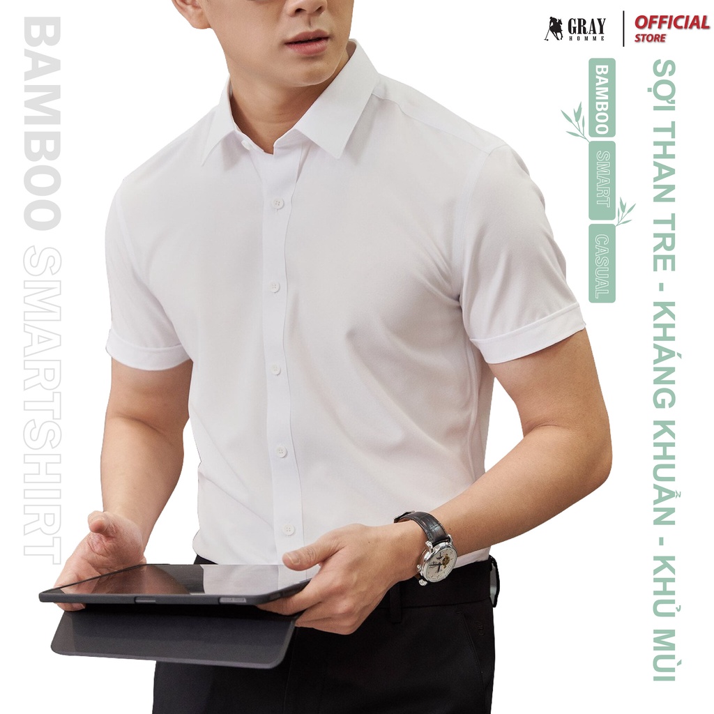 Áo Sơ Mi Nam Cộc Tay Công Sở Cao Cấp Lịch Lãm GRAYHOMME Sợi Bamboo chống Nhăn (TB002)