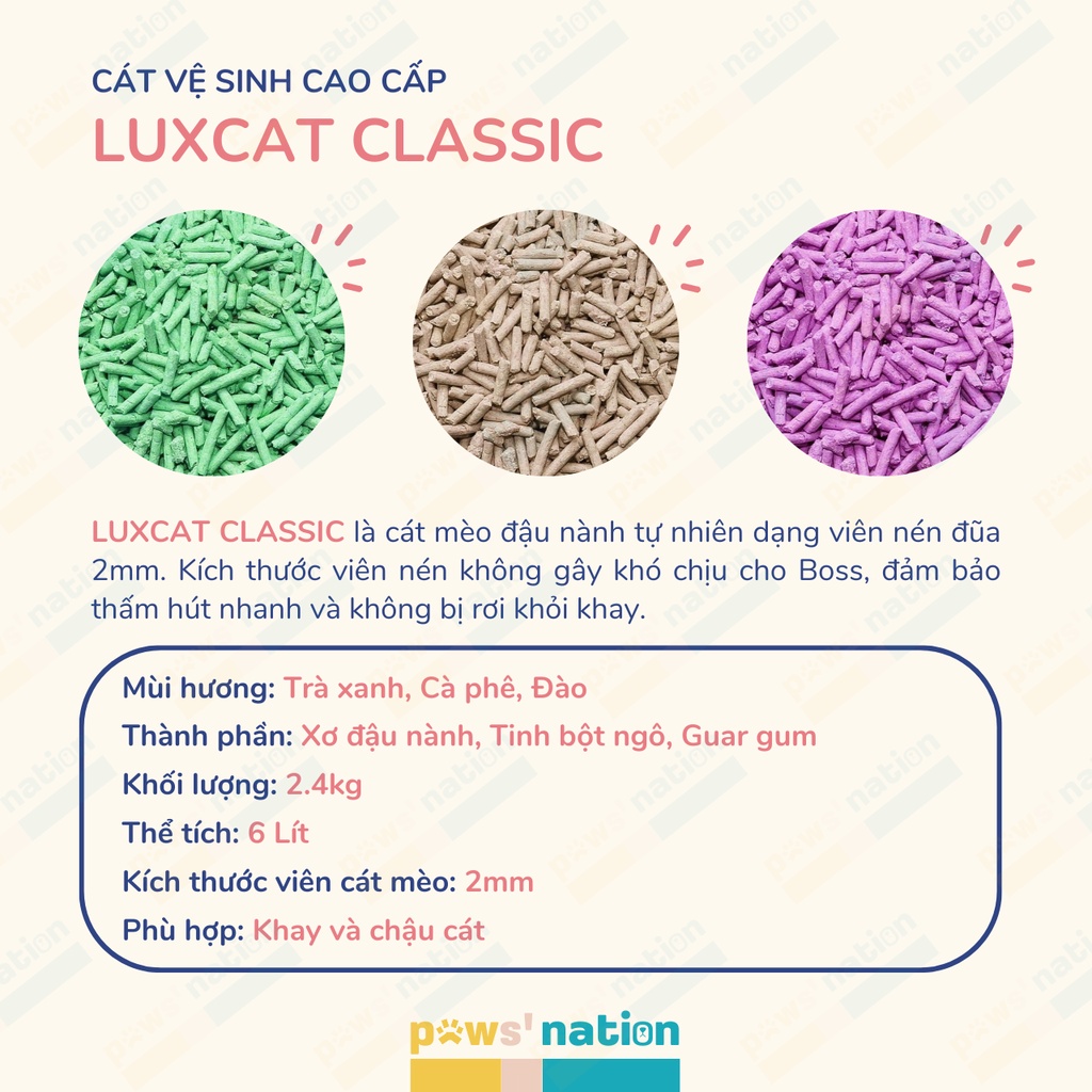 Cát vệ sinh đậu nành Luxcat Classic dạng viên nén đũa 2mm nhiều mùi hương - hộp 6 lít
