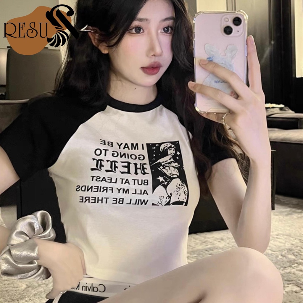 Áo Croptop Phối Tay Ôm Body Nữ iN Chữ HELL Cổ Tròn Tay Ngắn, Áo Thun Croptop Kiểu Sexy In Họa Tiết | BigBuy360 - bigbuy360.vn