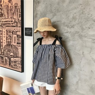 (Order) Áo trễ vai buộc nơ vai sọc caro babydoll