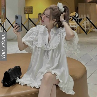 Đầm babydoll tay bồng TIBU, Váy trắng nữ tiểu thư xếp li ngang dáng ngắn giấu quần Ulzzang Hàn Quốc