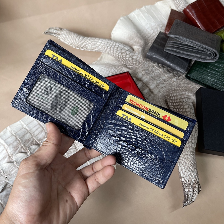 Ví Cá Sấu Da Thật 2 Mặt Phần Da Bụng Trơn Màu Xanh Navy BH 24T TD16223