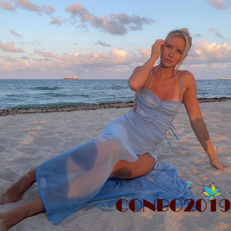 Hgm-đầm Dài Hai Dây Hở Lưng Xẻ Tà Phối Ren Dành Cho Nữ Đi Tiệc Cocktail