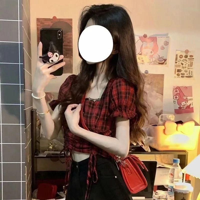 Áo Nữ Tay Ngắn Phồng Họa Tiết Caro Thời Trang