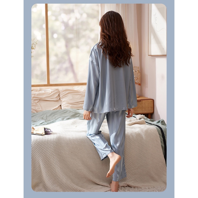 Bộ Đồ Ngủ Tay Dài Vải Lụa Lạnh Kẻ Sọc Dọc Phong Cách Hàn Quốc Thời Trang Xuân Thu Cho Nữ