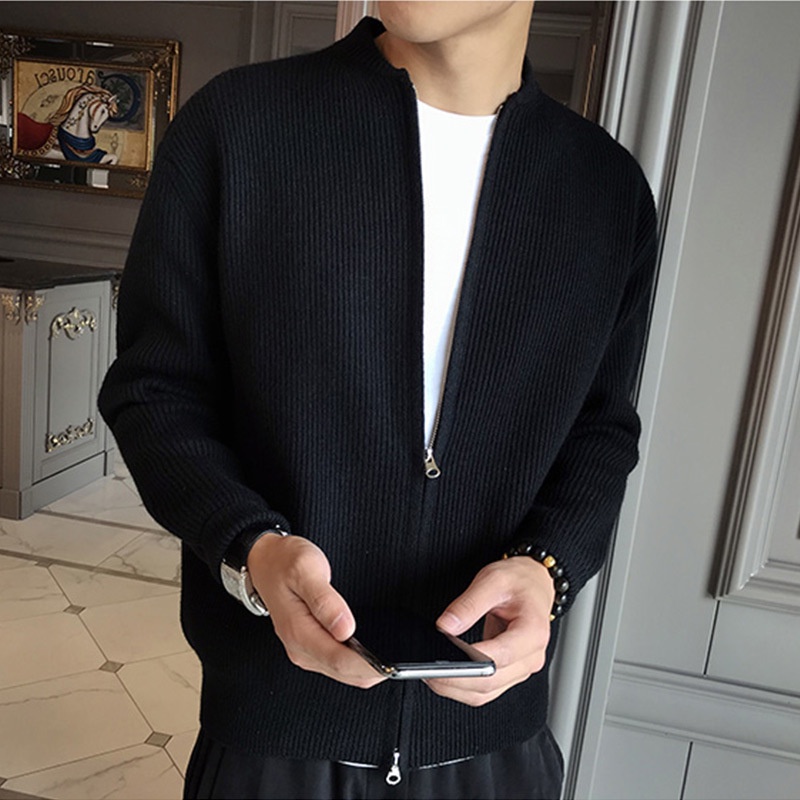 Áo Khoác Cardigan Dệt Kim Dáng Ôm Phối Khóa Kéo Đôi Thời Trang Cho Nam