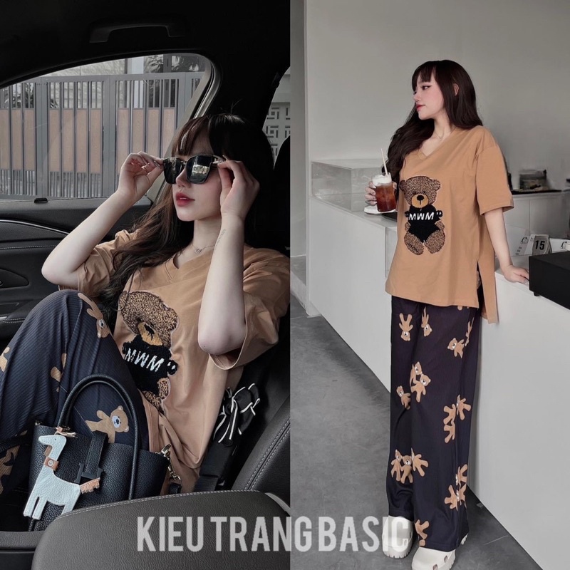Set áo phông nâu mix quần suông gấu nâu siêu xinh Áo cotton khô QC l1 dày đẹp, hình ép 5D nét căng, xẻ gấu chuẩn mẫu