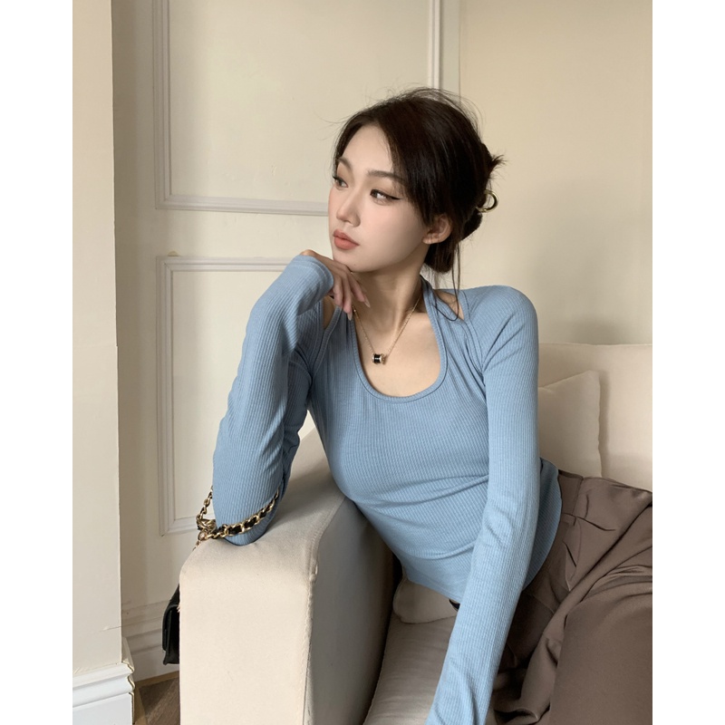 Áo kiểu tay dài ôm dáng màu xanh dương nữ tính