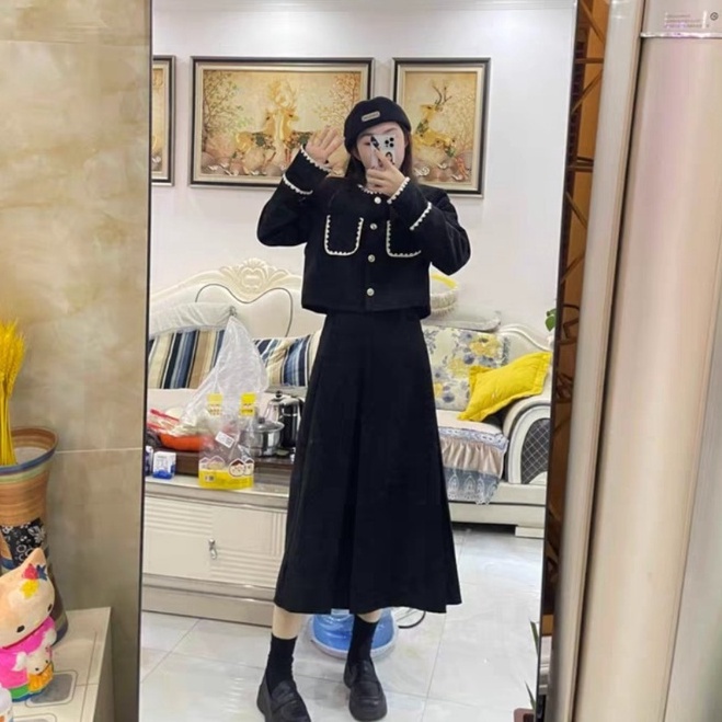 Set đồ nữ - Váy nhung dáng dài Quảng Châu thiết kế dài tay phối viền ren tiểu thư KimAnh Fashion