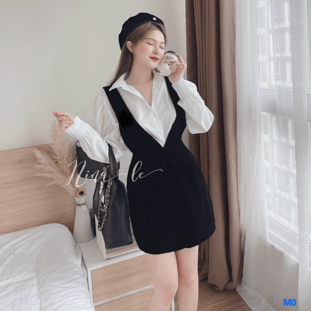 (HCM) Set Yếm Nữ Nhung Ngắn Kèm Áo Sơ Mi siêu Xinh Thời trang tiểu thư, sành điệu siêu xịn KME FASHION