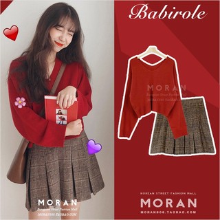 [ORDER] Set áo len đỏ + chân váy xếp ly MORAN style Ulzzang (có ảnh thật)
