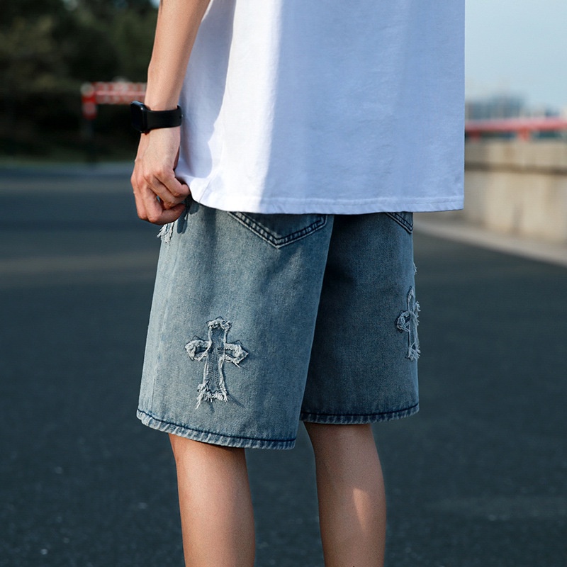 Quần Short Denim Thêu Họa Tiết Kiểu Hip-Hop Cá Tính Cho Nam