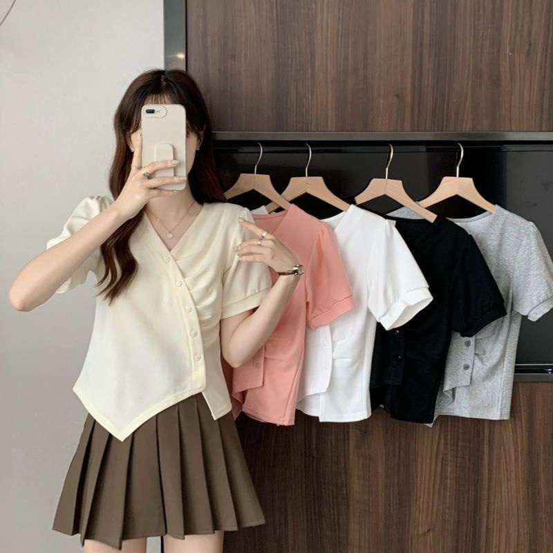 Áo Thun Crop Top Tay Ngắn Cổ Chữ V Màu Trơn Thời Trang Cho Nữ 40-100KG C9765