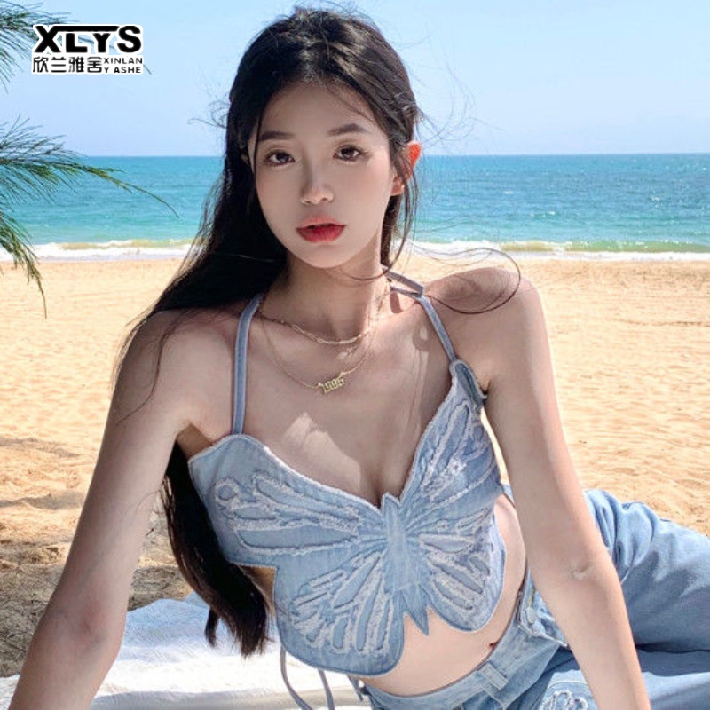 Áo hai dây XINLANYASHE dáng ngắn gợi cảm phong cách Hàn Quốc thời trang mặc đi biển 2023 dành cho nữ