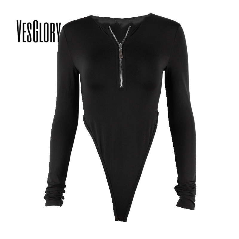 Vesglory Áo liền quần Tay Dài Cổ Chữ V Màu Trơn Dáng Ôm Có Khóa Kéo Thời Trang Quyến Rũ Cho Nữ