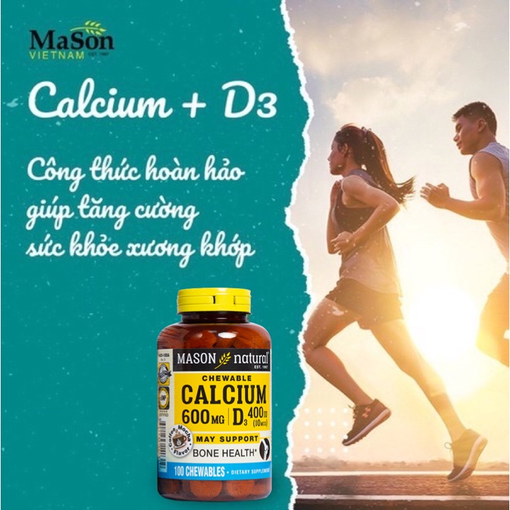 Viên nhai Mason Natural Calcium 600mg + D3 bổ sung canxi và vitamin hỗ trợ xương chắc khoẻ tăng chiều cao. Hộp 100 viên