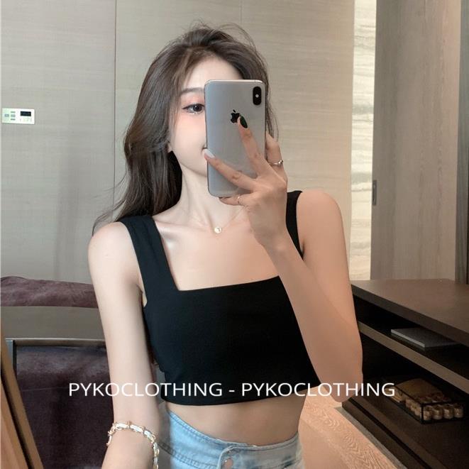 Áo ba lỗ cổ vuông hai lớp PYKO có mút đệm trẻ trung áo croptop hai dây bảng to 2 lớp basic chất vải borip tôn dáng | BigBuy360 - bigbuy360.vn