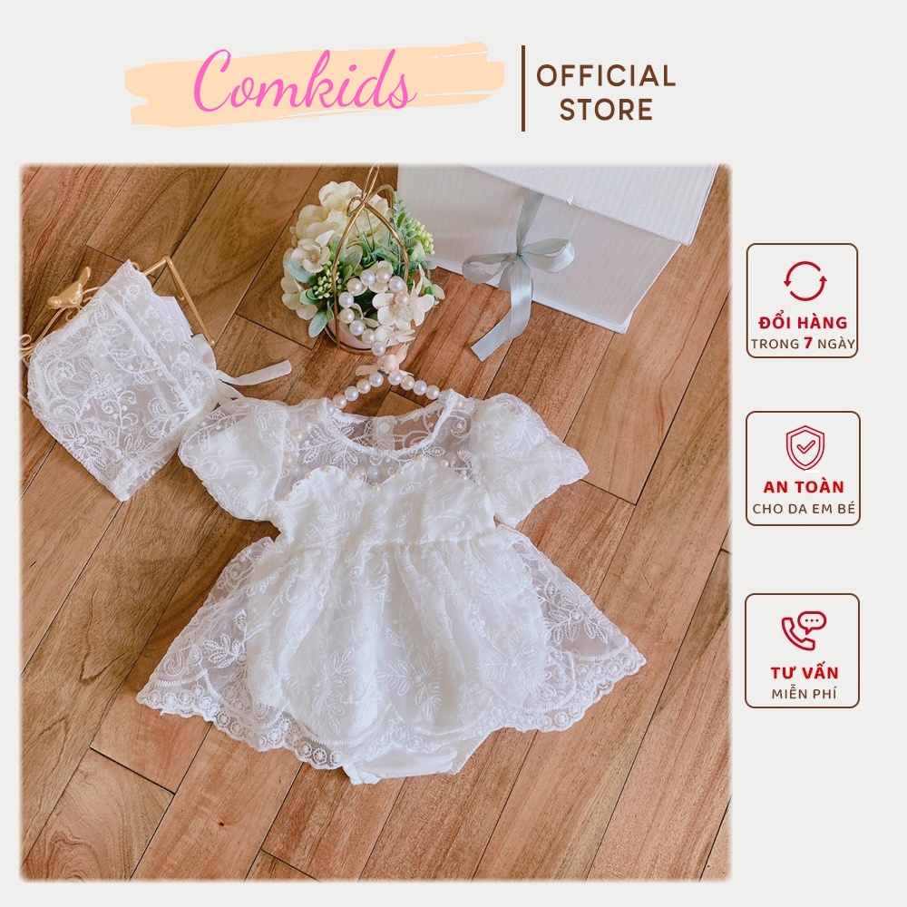 Body Váy Ren Cổ Tim Cho Bé Gái Từ 4-11Kg, Bodysuit, Bộ Đồ Liền Thân, Tặng Kèm Mũ Xinh, Dịp Dự Tiệc, Thôi Nôi, Đầy Tháng