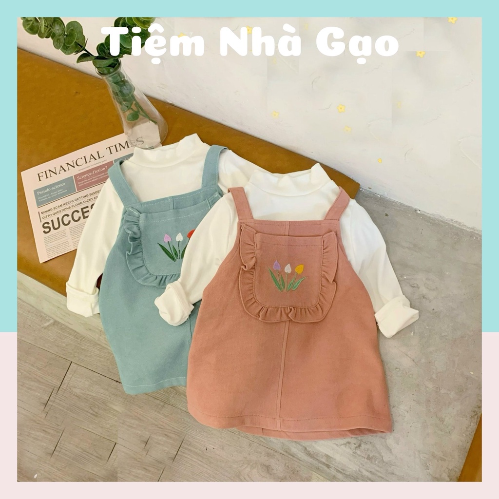 Set Váy Yếm Nhung Thêu Hoa Nổi Với Áo Thun Tay Dài Cho Bé Gái
