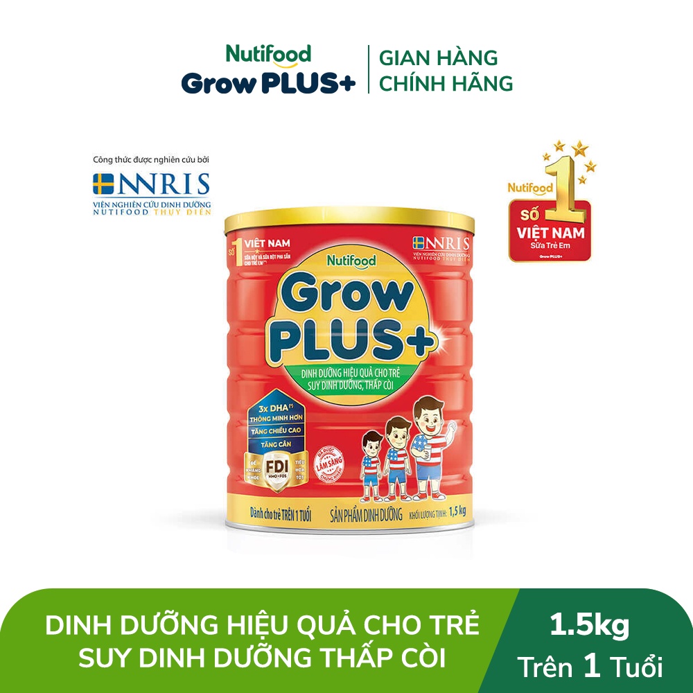 Sữa Bột Nutifood GrowPLUS+ Suy Dinh Dưỡng 1.5kg - Trên 1 Tuổi - Tăng Cân, Tăng Chiều Cao (Lon 1.5kg)