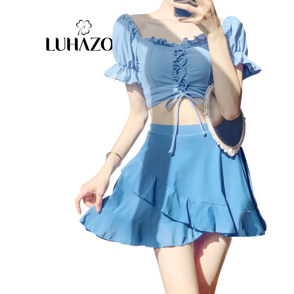 Bikini nữ 2 mảnh đi biển kín đáo dạng váy lưng cao che khuyết điểm LUHAZO áo dây rút tay bồng bigsize 82276 C-6