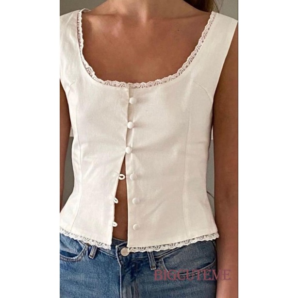 [] Áo Tank Top Không Tay Màu Trơn Cài Nút Xuống Cổ Ren Mùa Hè Cho Nữ