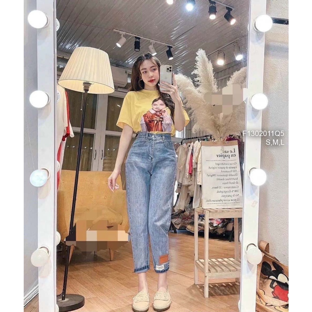 Quần jean baggy phối lai gắn mác chữ lưng cao!
