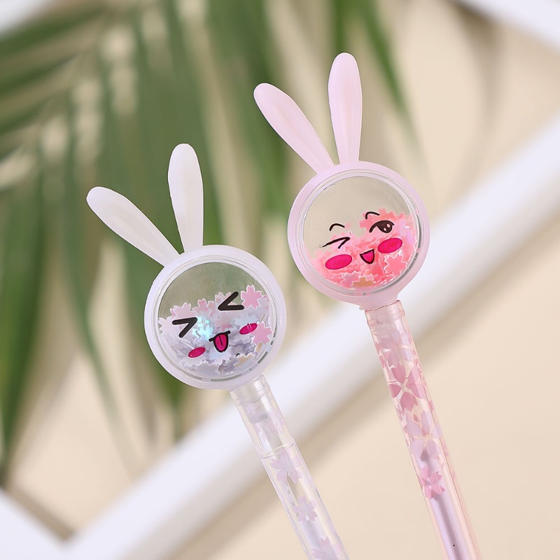 Bút Bi Mực Đen Ngòi 0.5mm Thiết Kế Tai Thỏ Đính Kim Sa Lấp Lánh Dễ Thương