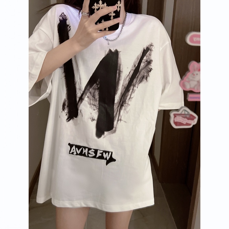 ZHELIHANGFEI Áo Thun Tay Ngắn Cổ Tròn Hình Trái Tim Form Rộng Dễ Phối Đồ