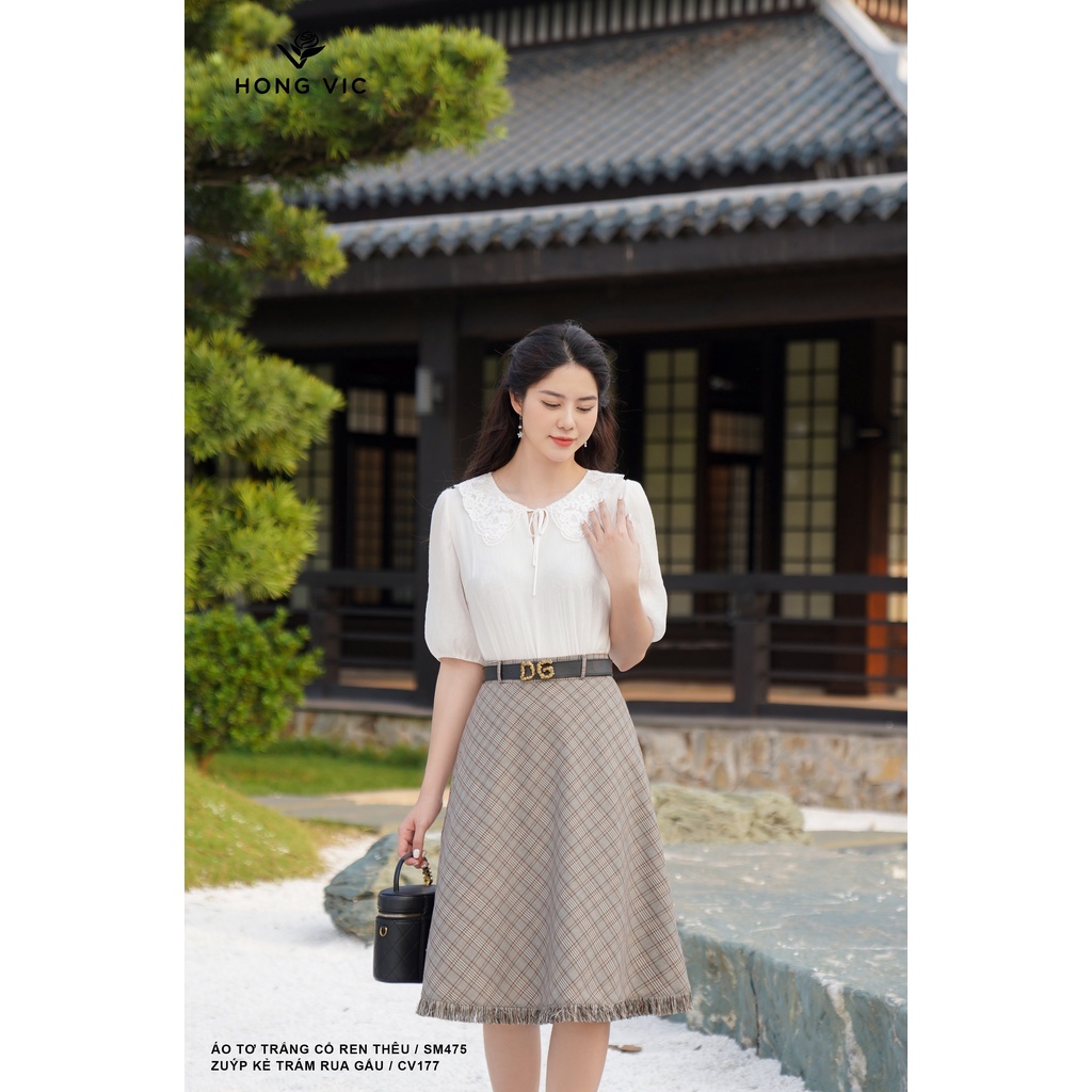 Áo tơ trắng nữ thiết kế Hong Vic cổ ren thêu SM475