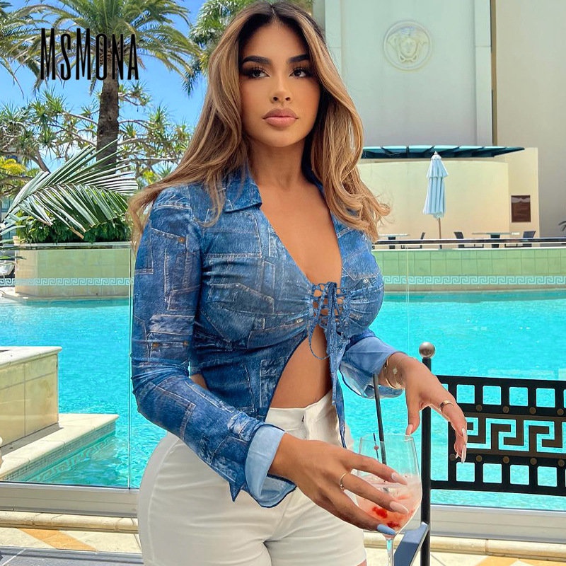 MsMona Áo Croptop Denim Tay Dài Cổ Chữ V Màu Trơn Thời Trang 2023 Cho Nữ