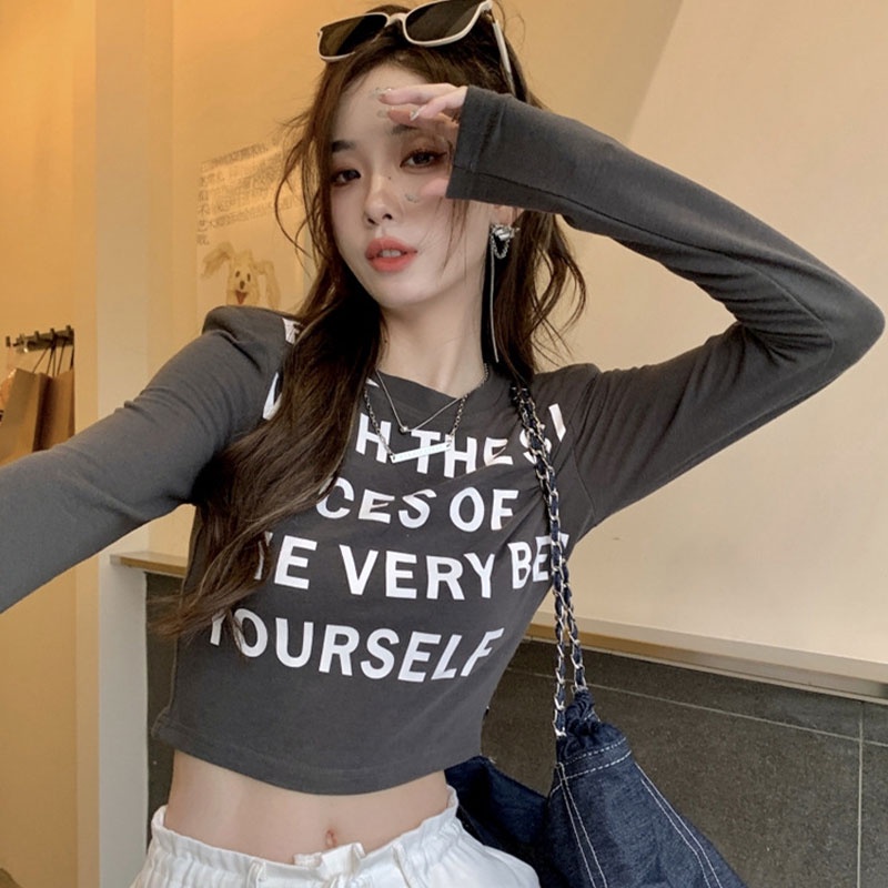 Áo thun XINLANYASHE tay dài cổ tròn in chữ phong cách Hàn Quốc dành cho nữ