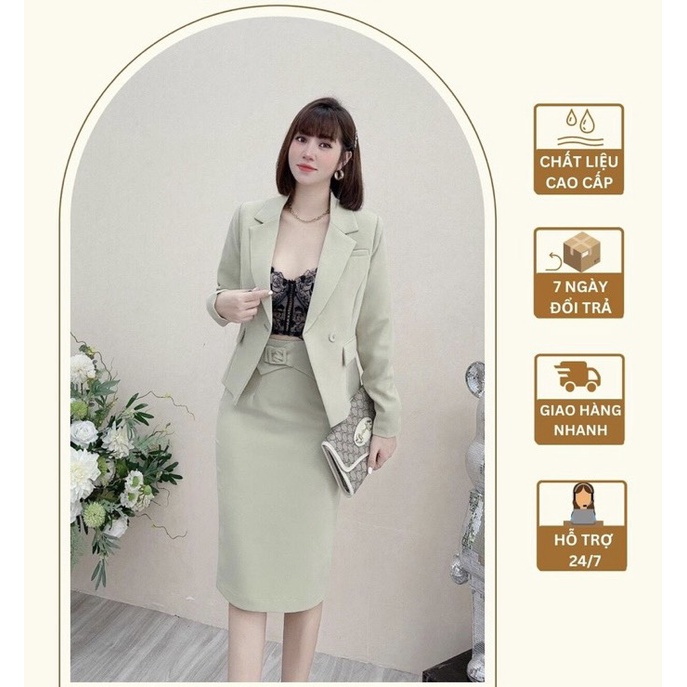 Set Vest Dài Tay Công Sở 2 Lớp Thời Trang Nữ có độn vai và có túi thật form chuẩn đẹp vải biên Nhật Denlaco - V01