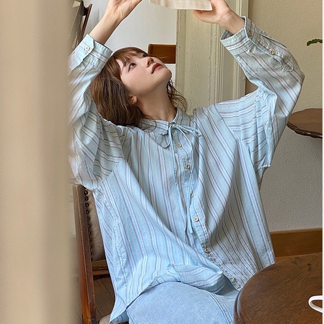 Áo sơ mi SUXI tay dài họa tiết kẻ sọc phong cách Hàn Quốc cổ điển thời trang mùa xuân dành cho nữ oversize