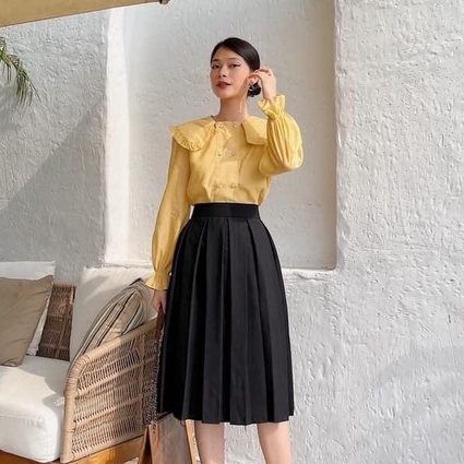 Chân váy midi xếp ly công sở, chân váy dáng xoè qua gối xinh xắn