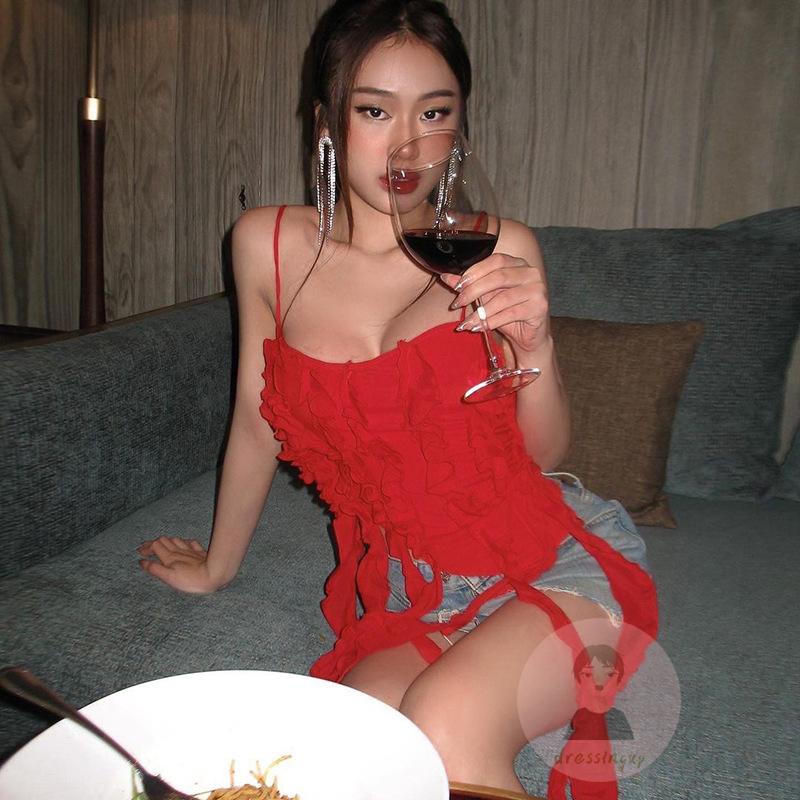 Áo Tank Top Hai Dây Hở Lưng Nhún Bèo Màu Sắc Đơn Giản Cho Nữ