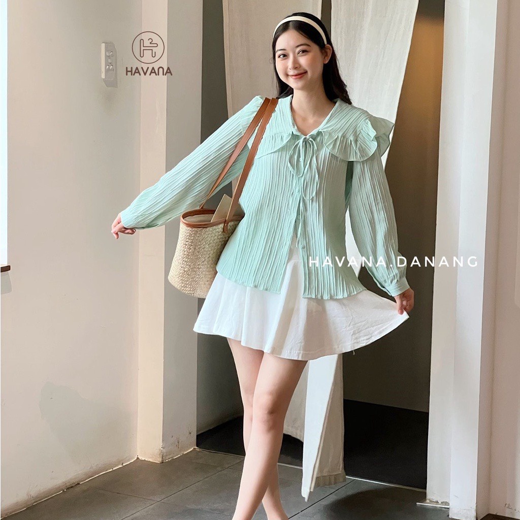 [Sẵn/Video]  Áo Sơ Mi Cổ Bèo Gân Dài Tay Dáng Thuỷ Thủ Chất Gân Xịn Xinh Tiểu Thư
