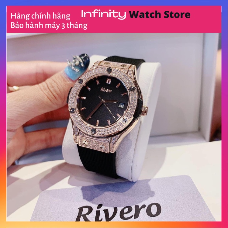 Đồng hồ nữ RIVERO dây silicone bền bỉ case mạ rose gold đính pha lê sang trọng model R9009