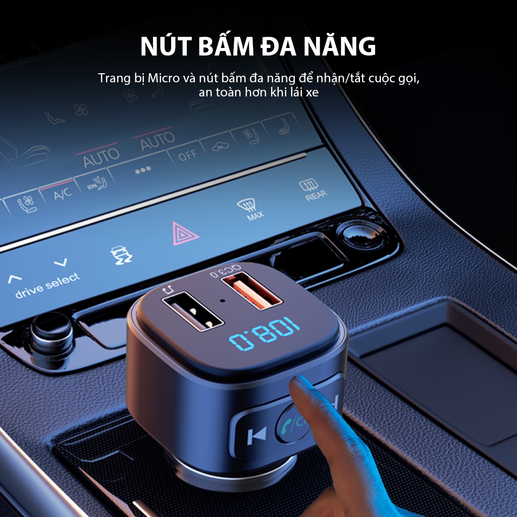 Tẩu sạc nhanh oto VIVAN VBT01 18W hỗ trợ kêt nối bluetooth - hàng chính hãng bảo hàng 12 tháng