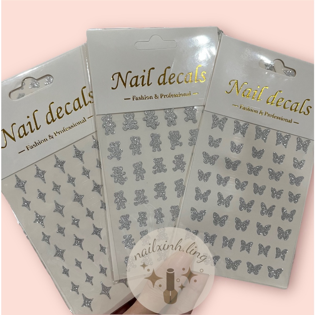 Miếng Dán Trang Trí Móng Tay 3D Kim Tuyến Flash Trái Tim , Hình Dán Móng Tay Gấu , Sticker Nail Ngôi Sao , Nơ
